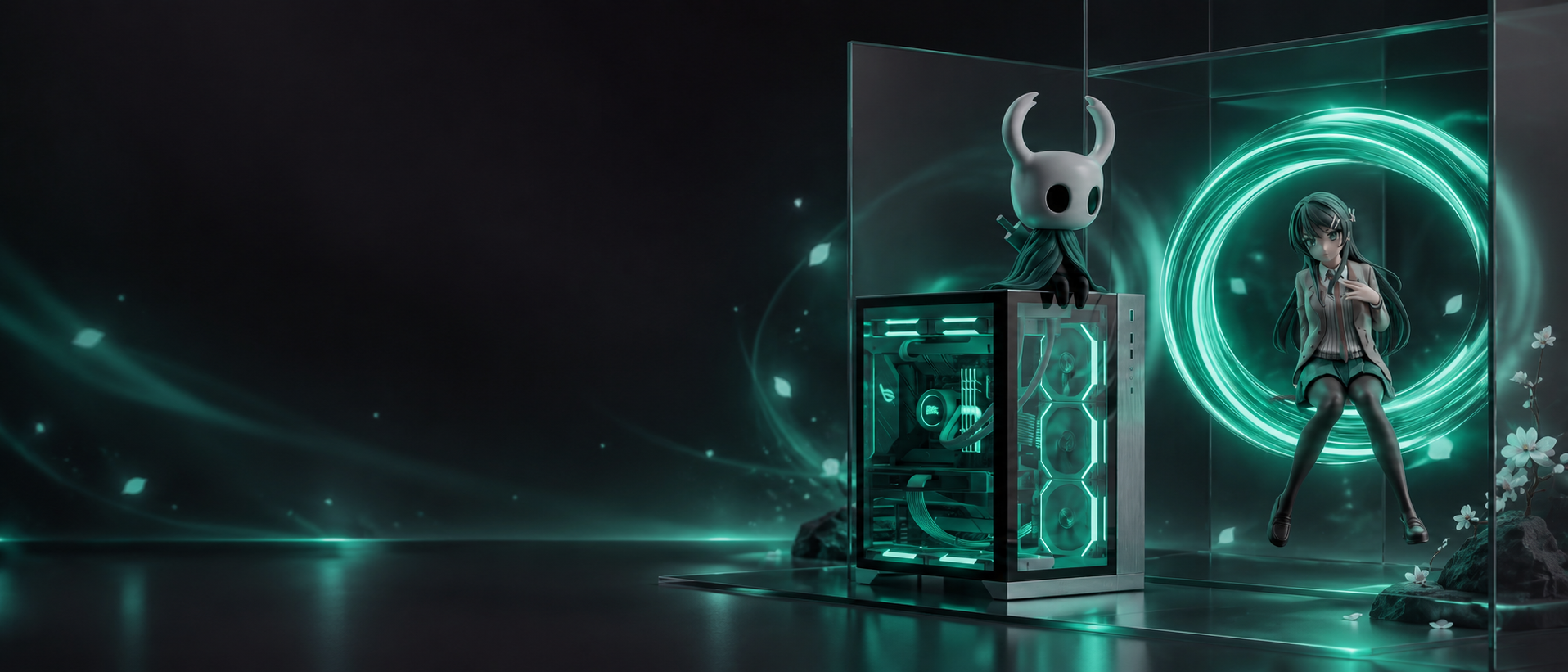 Composição STRIX com PC e colecionáveis em tons de jade